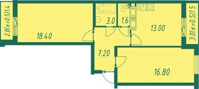 Двухкомнатная квартира 62.9 м²