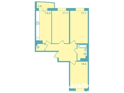 Трёхкомнатная квартира 82.5 м²