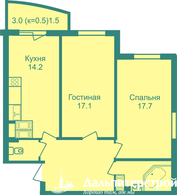 Двухкомнатная квартира 69.7 м²