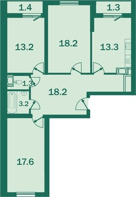 Трёхкомнатная квартира 87.3 м²