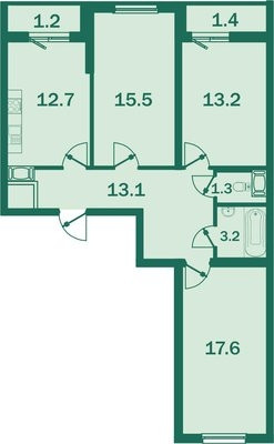 Трёхкомнатная квартира 79.5 м²