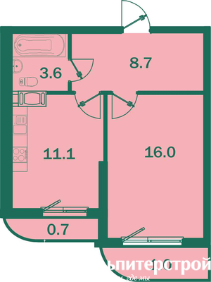 Однокомнатная квартира 41.3 м²