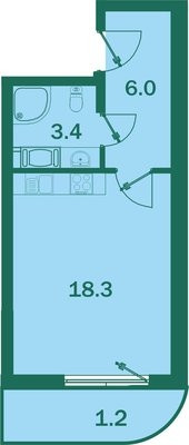 Студия 28.5 м²