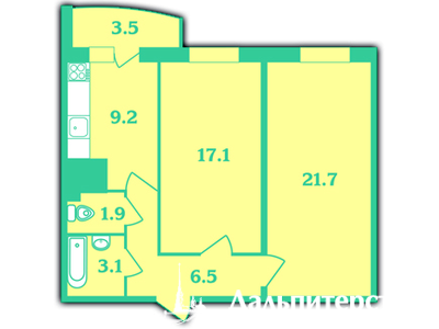 Двухкомнатная квартира 61.3 м²