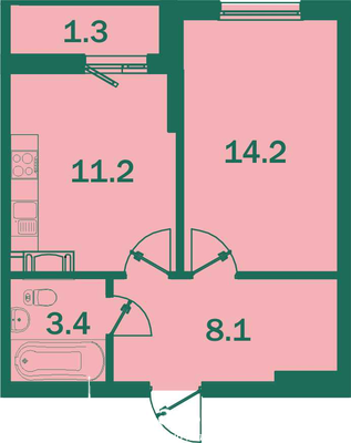 Однокомнатная квартира 38.4 м²